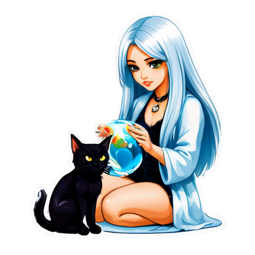 sorceress doing nails with a glass ball for fortune telling and a black cat - icon | sticker