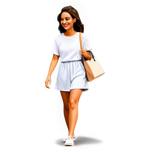 Joyful girl walking down the street after shopping with purchases and coffee in hand - icon | sticker