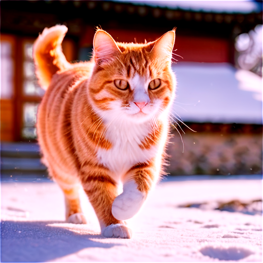 orange tabby cat,walking,snow,traditional Chinese architecture,sunlight,winter,focused,outdoor,close-up,furry,cold weather,movement,animal portrait,vibrant color,clarity,shallow depth of field,falling snowflakes,daytime,fluffed tail, - icon | sticker