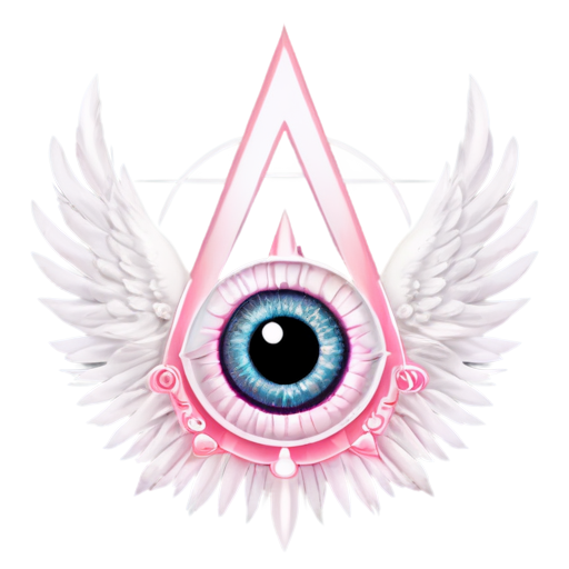 An angelic symbol of an eye shape with a satanic star behind it, pink and white colors, wings - icon | sticker