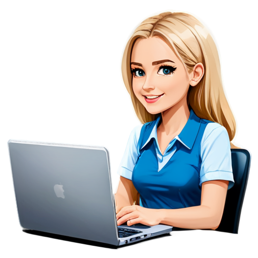 A blonde girl with shoulder-length hair sits at a personal computer wearing braces on her teeth. - icon | sticker