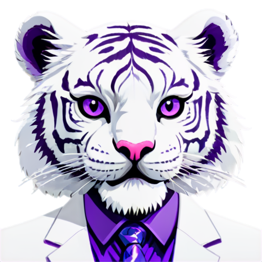 A white tiger face in a white and purple suit, synthwave aesthetic, flat - icon | sticker