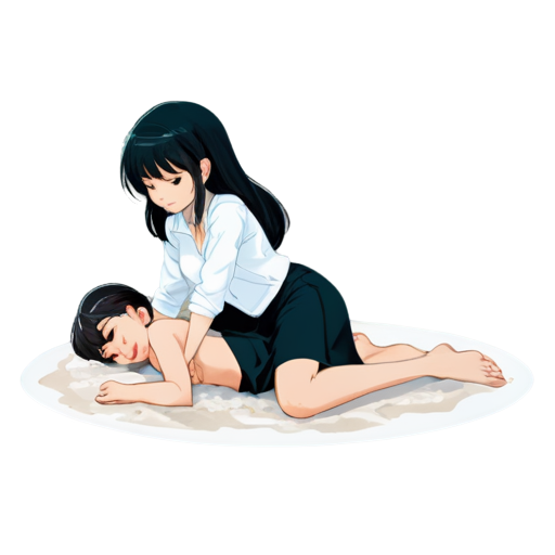 in anime style, 2d anime character, white European appearance, young, day, girl, beautiful, dark-haired, curved, slender, pretty, young, without shoes, on the see, lying on the sand with her back up, heat, white sand, feeding her baby with her salt - icon | sticker