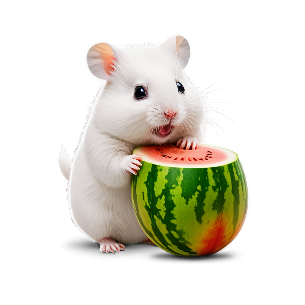 kawaiilogos,A captivating photograph of a white hamster,In the summer of Northeast China,in the watermelon field,eating watermelons in rural areas,Happy and joyful,Bright sunshine, - icon | sticker