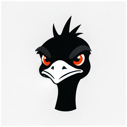 Generate an icon representing an emu bird's head viewed from the front. The expression of the bird has to be extremely aggressive and angry. The icon has to be created in a minimalistic outlined abstract vector style, using basic lines and shapes. Use sharp lines and little details. The background has to be strictly black, the element in the foreground has to be only white. Do not use other colors. - icon | sticker