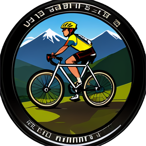 round bicycle wheel, few colors, graphic style, like a picture, wheel for a bicycle with mountains on a background, background with a mountain, logo, logo style, logo for a channel - icon | sticker