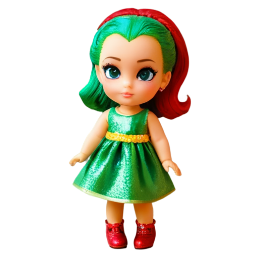 full-length, LOL doll, bright makeup, with red-yellow-green hair, hair braided into three dulkas, big round earrings, shiny shoes on her feet, slight smile, wearing red-yellow-green long dress, shimmering effect, glitter, white background, cartoon, 32k UHD, not out of bounds - icon | sticker