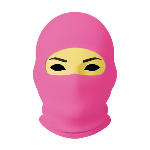 Create a colorful icon of a person's head wearing a pink balaclava, with their mouth and eyes visible. Additional details: Large, expressive eyes looking directly at the viewer. Slightly open mouth with no visible teeth. Bright pink balaclava covering the head and neck. White background. Example phrases: Flat icon of person wearing pink balaclava. Simple, modern icon of head in pink balaclava. Anonymous icon of person with pink balaclava. Colorful icon of face peeking out from pink balaclava. Recognizable icon of head covered in bright pink balaclava. - icon | sticker