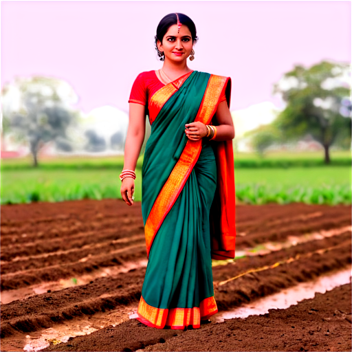 Create a line drawing image of a woman in saree sowings seeds on a farm land - icon | sticker