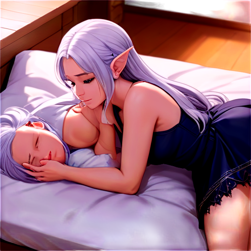 in anime style, day, girl, beautiful, silver-haired, pretty, young, without shoes, on the cosy room, lying on the bad with her back up,feeding with her salt, 2d anime character, white European appearance,young two anime-style characters in a calm and intimate setting. The character in the foreground has long, silver or light purple hair,2 ponytails, pointed elf-like ear. Her eyes are closed, and she appears relaxed. as detailed as possible, wet and dripping in a cozy, dimly lit room. There's a gentle and caring atmosphere between the two characters, - icon | sticker