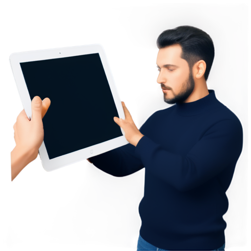 an image of a man up to his chest demonstrates a tablet with a picture with noise from old TVs, while with his right hand he breaks an apple on the screen, part of the apple flows down the tablet - icon | sticker