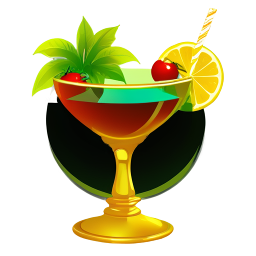 tropical cocktail in gold cup decorated with fruits, vector simple, - icon | sticker