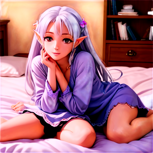 in anime style, day, girl, beautiful, silver-haired, pretty, young, without shoes, on the cosy room, lying on the bad with her back up,feeding with her salt, 2d anime character, white European appearance, young two anime-style characters in a calm and intimate setting. The character in the foreground has long, silver or light purple hair,2 ponytails, pointed elf-like ear. Her eyes are closed, and she appears relaxed. as detailed as possible, wet and dripping in a cozy, dimly lit room. There's a gentle and caring atmosphere between the two characters, - icon | sticker