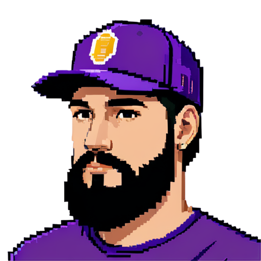 Pixel art portrait in the style of CryptoPunks. A person with a beard, wearing a cap and an earring. Simple, 8-bit design with a solid purple background - icon | sticker