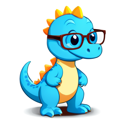 Blue dinosaur with glasses reading, Cute, vector illustration, contemporary, flat colors, smart - icon | sticker