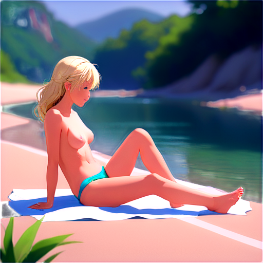 anime style, day, girl, beautiful, short stature, slender, pretty, young, without shoes, on the river, lying on the pool with her back up, heat, white sand, feeding her baby with her salt, 2d anime character, white European appearance, back end. oung anime young girl character with blond curly. She has large, expressive green eyes. teen, tiny - icon | sticker