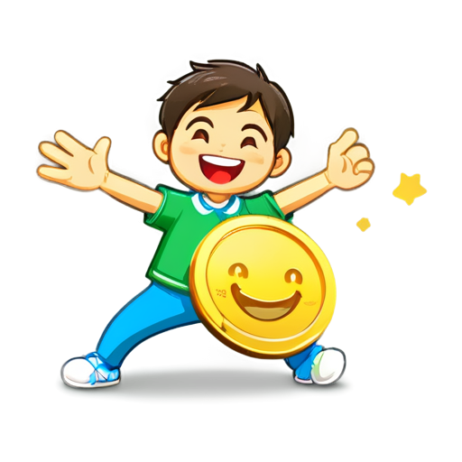 Create a cartoon-style coin character with arms and legs, smiling cheerfully. The coin should have a shiny, golden appearance, and its facial expression should be friendly and inviting. The character should convey a sense of joy and fun, with a playful pose that showcases its limbs. The background should be colorful and playful to accentuate the cheerful vibe of the coin - icon | sticker