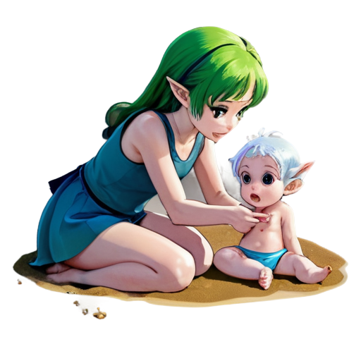 Anime young girl character with light purple, feeding her baby with her salt, white European appearance, almost silver, hair styled in two low ponytails. She has pointed elf-like ears and large, expressive green eyes. teen, tiny, without shoes, on the beach, lying on the sand with her back up, - icon | sticker