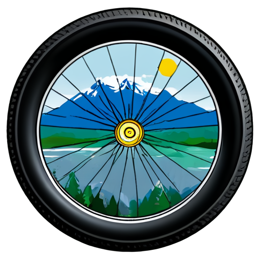 round bicycle wheel, few colors, graphic style, like a picture, wheel for a bicycle with mountains on a background, background with a mountain, logo, logo style, logo for a channel - icon | sticker