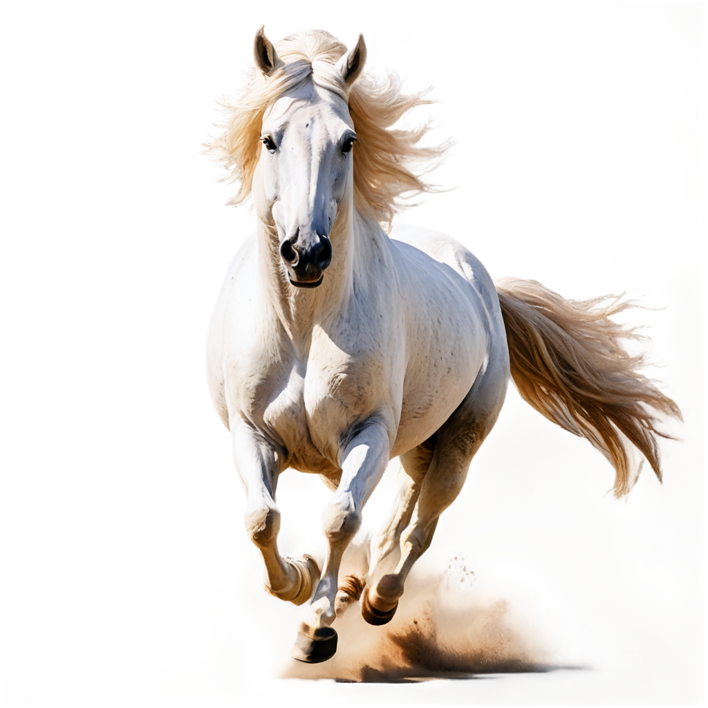 a white horse running, desert landscape, sandy terrain, galloping at full speed, dust kicking up behind, Arabian breed, detailed mane and tail, high quality, realistic, warm tones, golden hour lighting - icon | sticker