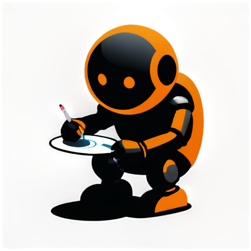 A simple robot, painted in orange and black, front and upper body, wearing a magnifying glass, squatting on the ground and marking its position with a red pen. - icon | sticker