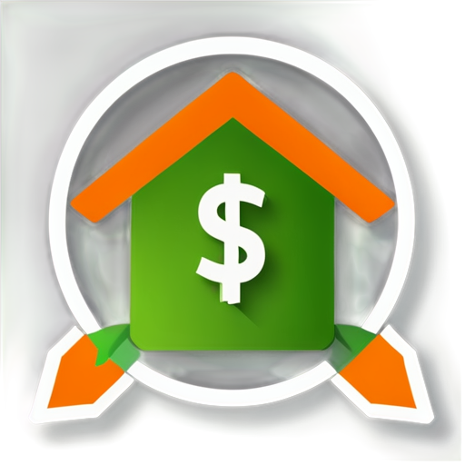 Create an icon representing heating and cooling systems. The icon should include the following elements: Central Element: A simple green house with a white dollar symbol ($) in the center, indicating energy efficiency or cost savings. Circular Arrows: Two circular arrows surrounding the house. The left arrow should be orange (#E69138), pointing to the right, and labeled 'HEATING' in white. The right arrow should be blue (#6FA8DC), pointing to the left, and labeled 'COOLING' in white. Symbols: At the end of the orange arrow, include a yellow sun symbol to represent heating. At the end of the blue arrow, include blue snowflakes to represent cooling. Overall Design: The arrows should form a continuous circle around the house, symbolizing the cycle of heating and cooling. The design should be clean, modern, and easily recognizable. - icon | sticker