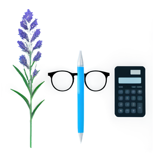 pen, calculator, banknotes, ruler, glasses on the background of wild rosemary flower - icon | sticker