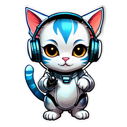 scifi cat with headphones while holding mobile phone - icon | sticker