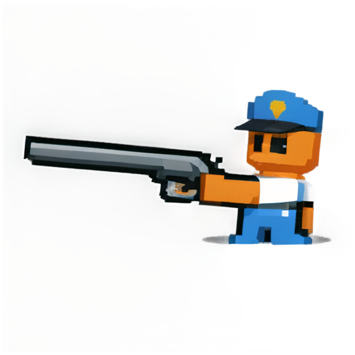 16-bit pixel art style, little in size man, he's got a bunch of bills and a gun in front of him, just the shape of a face and a police hat. - icon | sticker