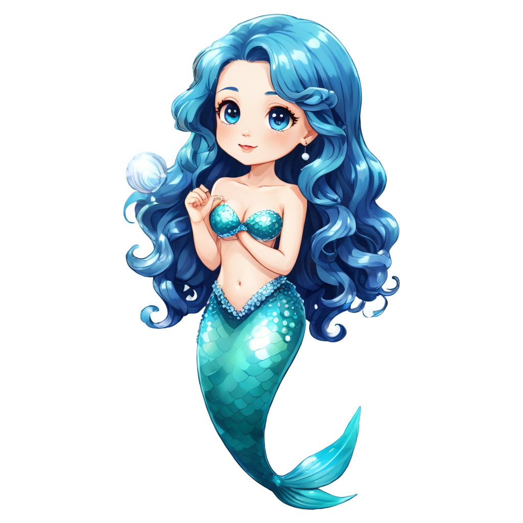 1girl,mermaid,(blue hair, curly hair, floating hair),shell hair ornament,pearl hair ornament,pearl necklace,underwater, - icon | sticker