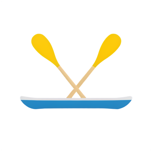 Minimalistic logo with vertical standing yellow raft and two crossed paddles - icon | sticker