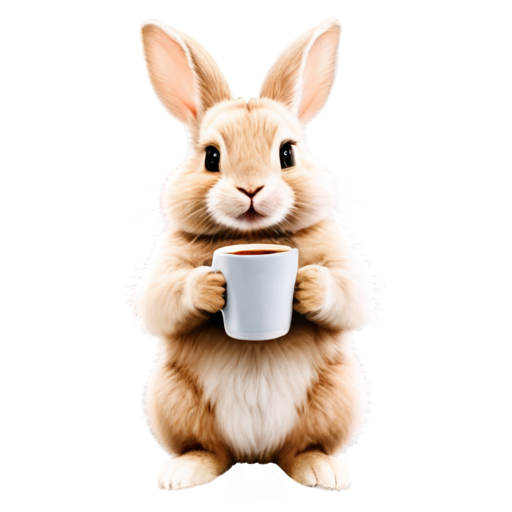 cute beige rabbit with big ears and fluffy fur holds 2 cups of coffee in his paws - icon | sticker