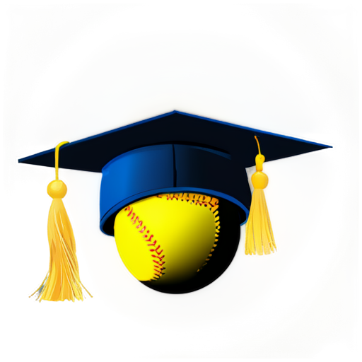 Create a vector-style logo featuring a yellow softball wearing a dark blue graduation cap. The softball should have red stitching, and the cap should include a tassel on the left side. Below the softball, include the text 'SOFTBALL BOUND' in bold, white letters with a slight gradient of blue on a dark blue banner. Use clean lines, vibrant colors, and a simple, dark background to make the elements stand out. - icon | sticker