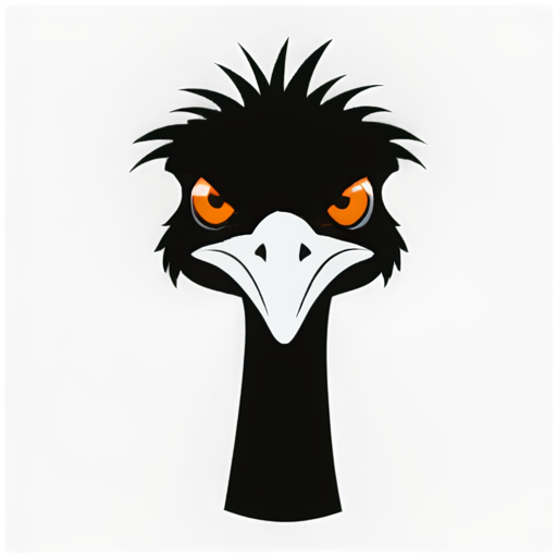 Generate an icon representing an emu bird's head viewed from the front. The expression of the bird has to be extremely agressive and angry. The icon has to be created in a minimalistic outlined abstract vector style, using basic lines and shapes. Use sharp lines and little details. The background has to be strictly black, the element in the foreground has to be only white. Do not use other colors. - icon | sticker