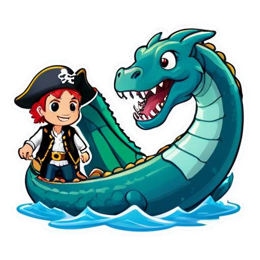 A man dressed as a pirate strangles a huge sea serpent - icon | sticker