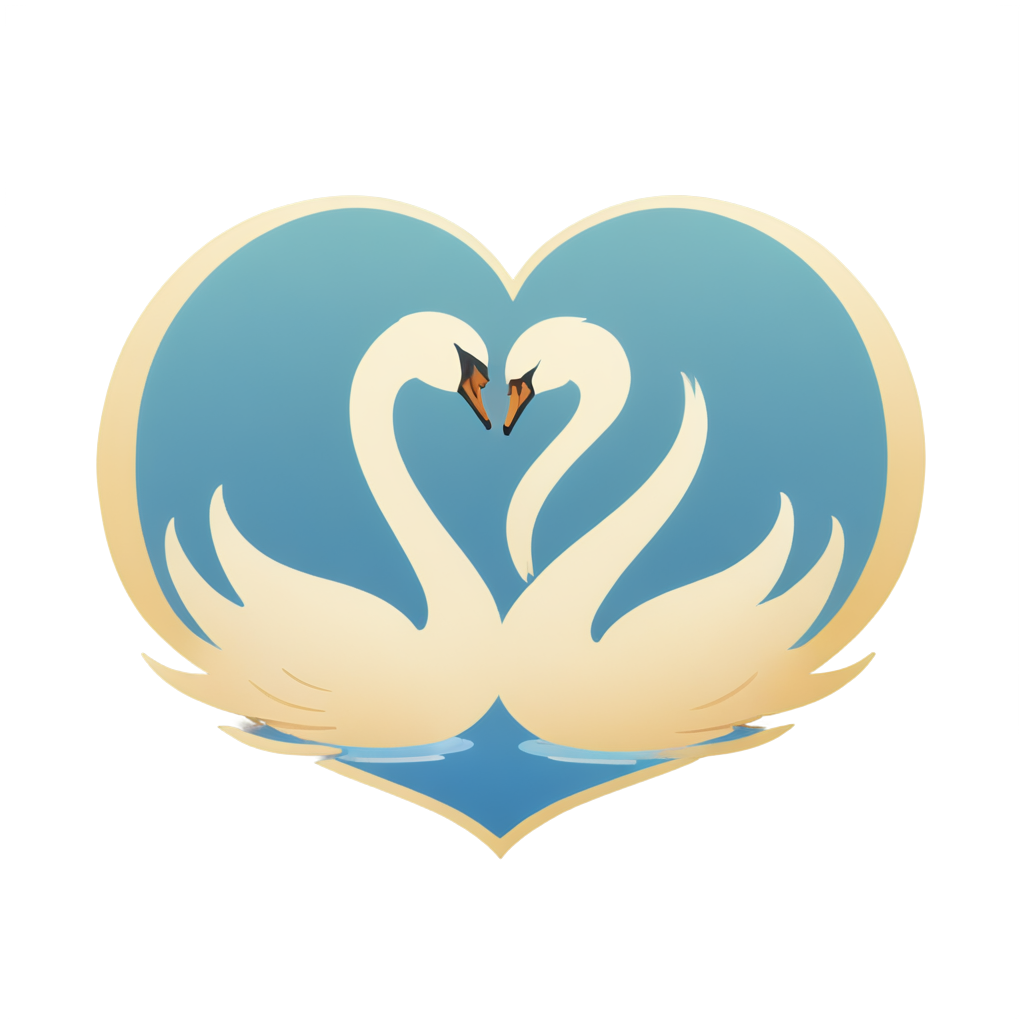 (badge design: 1.3), Swans forming a heart shape on a lake, surrounded by lilies. Elegant color scheme of white, gold, and light blue. Terada Katsuya inspired style with gradient colors, simple solid color background. Cartoon cute art style, - icon | sticker