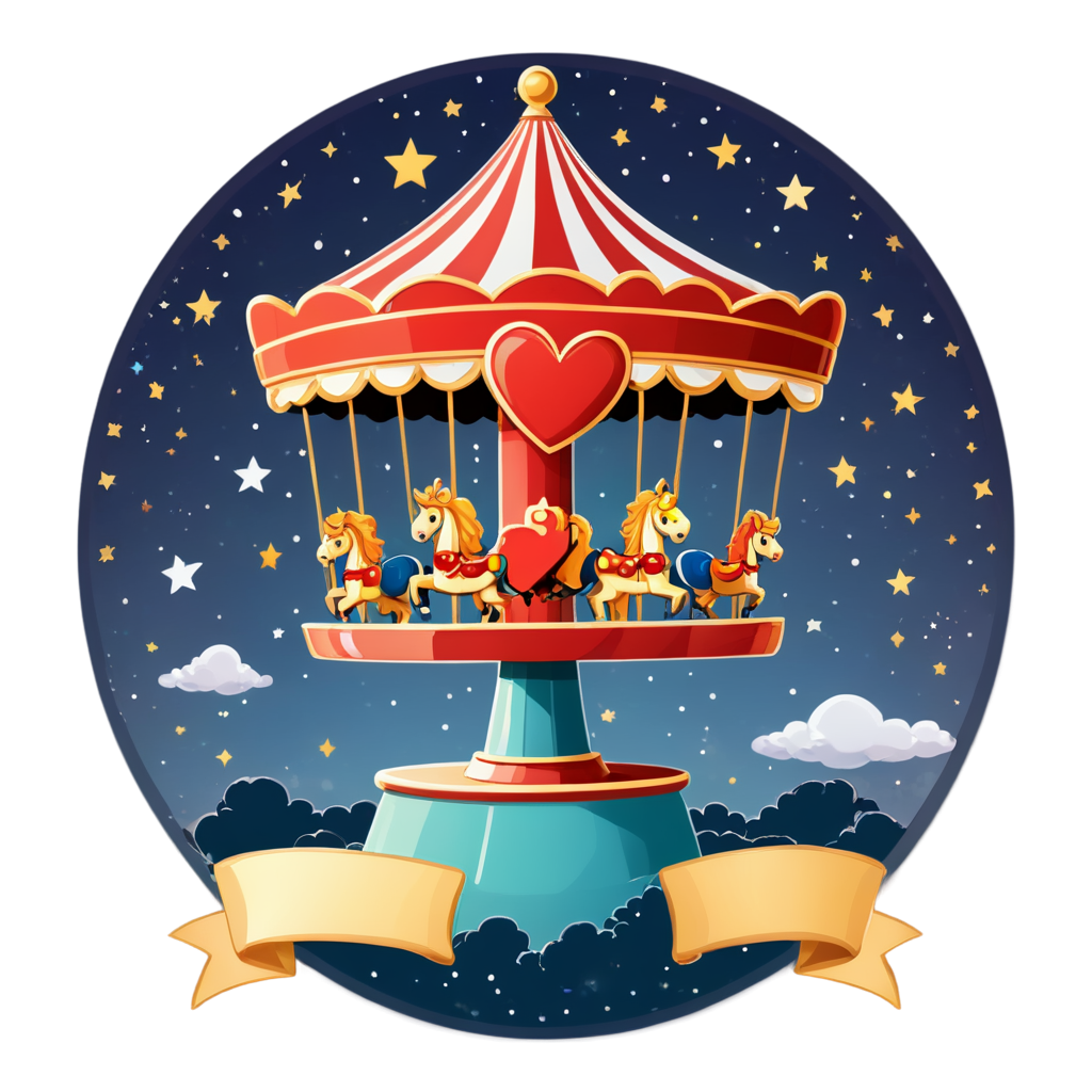 badge design,Cartoon-style badge depicting a small carousel with heart-shaped seats,set against a twilight sky filled with stars., - icon | sticker