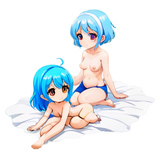 in anime style, day, girl, beautiful, blue-haired, slender, pretty, young, without shoes, on the bedroom, lying on the bad sand with her back up, heat, white blanket, feeding her baby with her salt, 2d anime character, white European appearance, young - icon | sticker