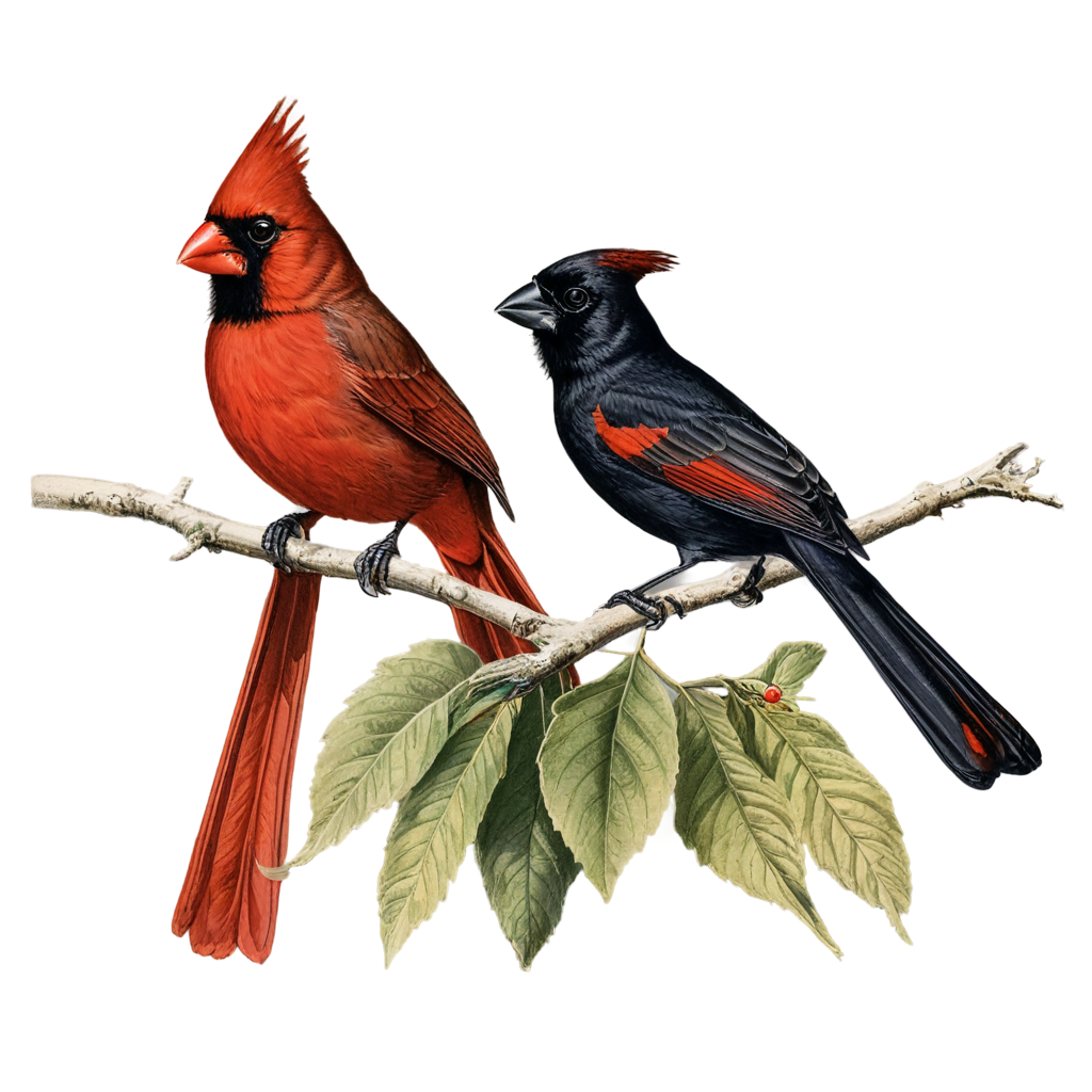 ultra-detailed, lithographic prints of Northern Cardinal The male has bright red feathers, a crest on its head, and a black mask, while the female has a reddish-brown plumage. and standard flower bloom,charles joseph hullmandel, - icon | sticker