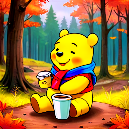 draw a digital art, movie concept, adorable, really cute, whimsical master illustration of Winnie the Pooh in the hundred acre woods wearing a wool scarf and beanie sitting in an autumn forest drinking a cup of Starbucks coffee in the chibi anime, watercolor, pen illustration, and studio ghibli style with bright vibrant neon rainbow color - icon | sticker