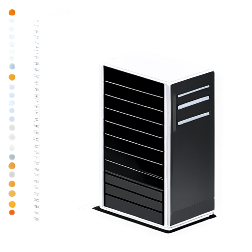 server tower with LEDs on the left. leaning against it (on the right) is a spiral notebook with clearly visible lines and otherwise blank pages. Style should be isometric 3d icon. Black or transparent background. - icon | sticker