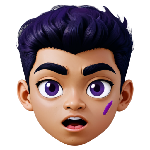 The head of a guy with purple skin, the guy has horns and a large black birthmark on the right side of his face (cute rice guy is surprised) - icon | sticker