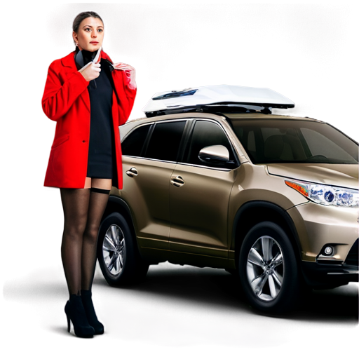 Toyota Highlander at night, a woman wearing black stockings and a horse head cover stands in front of the car, leaning against the front of the car and smoking - icon | sticker