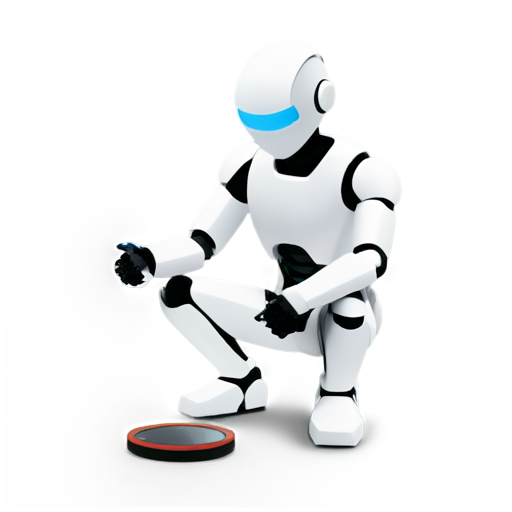 A simple robot has an upper body, a front face, a magnifying glass, squatting on the ground, and his arms marking coordinates on the ground. - icon | sticker