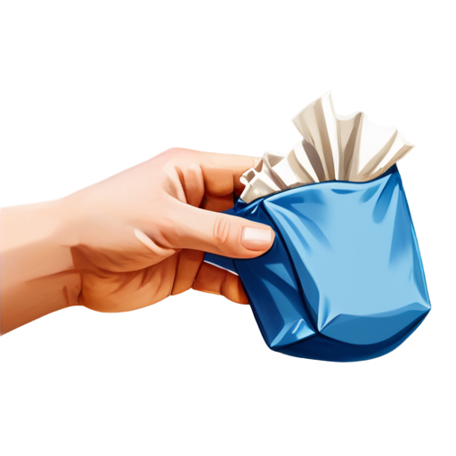 Illustration of a hand partially inside a small pouch, fingers reaching into the opening, with the bag slightly crumpled around the hand, simple and clear depiction with no background details, game-style art. - icon | sticker