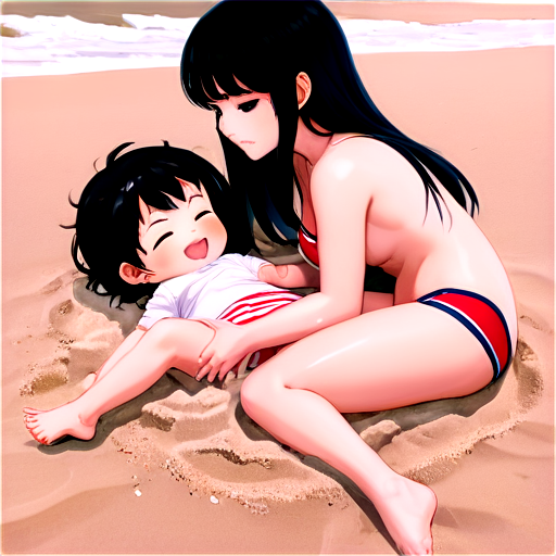 in anime style, day, girl, beautiful, dark-haired, curved, slender, pretty, young, without shoes, on the see, lying on the sand with her back up, heat, white sand, feeding her baby with her salt, 2d anime character, white European appearance, young, - icon | sticker