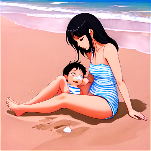 in anime style, day, girl, beautiful, dark-haired, curved, slender, pretty, young, without shoes, on the see, lying on the sand with her back up, heat, white sand, feeding her baby with her salt, 2d anime character, white European appearance, young, - icon | sticker