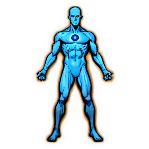 Epic full-body illustration of Dr. Manhattan, standing imposingly with blue glowing skin, on Mars background, intricate atomic symbols around, calm and powerful expression, dynamic lighting, high-definition, realistic style. - icon | sticker