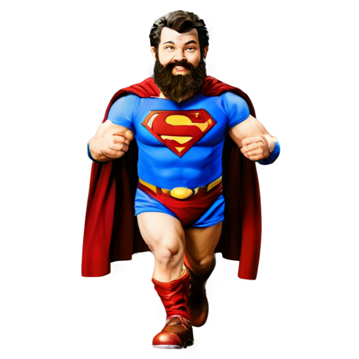 a dwarf in a Superman costume with a rag in his hand happily walks along a forest path - icon | sticker