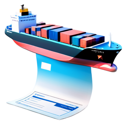 An image depicting a cargo ship laden with containers sailing across the vast ocean, with an invoice document floating in the air above it. - icon | sticker